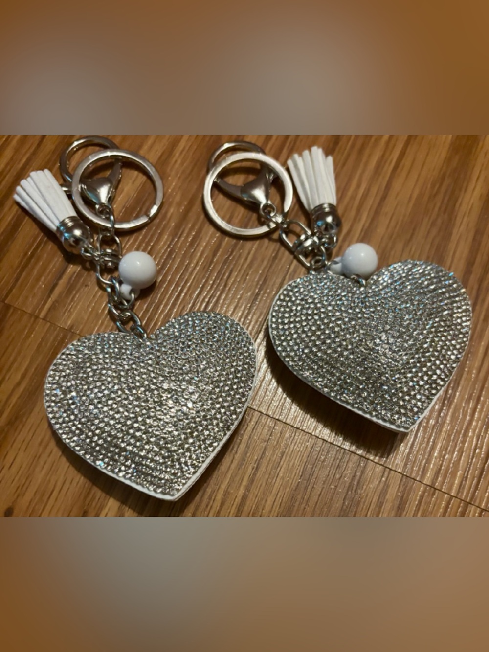 2 TWO White Silver Rhinestone Heart Backpack Purse Valentine LOVE Keychain Tag 🎁
